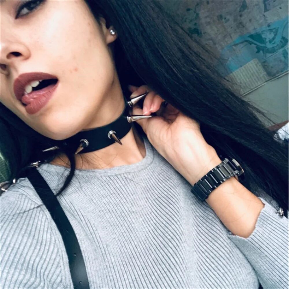 2024 New Punk Spike Rivet Collar Necklace Female Women Leather Metal Studded Chock Necklace Pendant Goth Jewelry Gothic 1