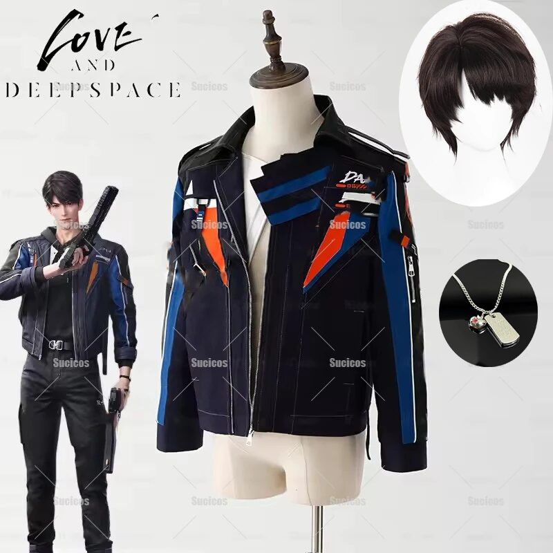 Game Love and Deepspace Caleb Cosplay Costume Wig Flying Jacket Caleb Necklace Halloween Party for Women Men Carnival Outfit 1