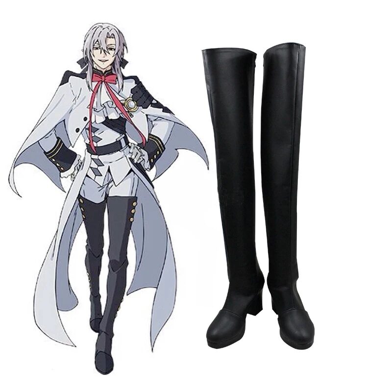 Anime Seraph of the End Ferid Bathory Cosplay Shoes Knee Length PU Leather Cosplay Boots Black High Heels Zipper-up Women Shoes 1