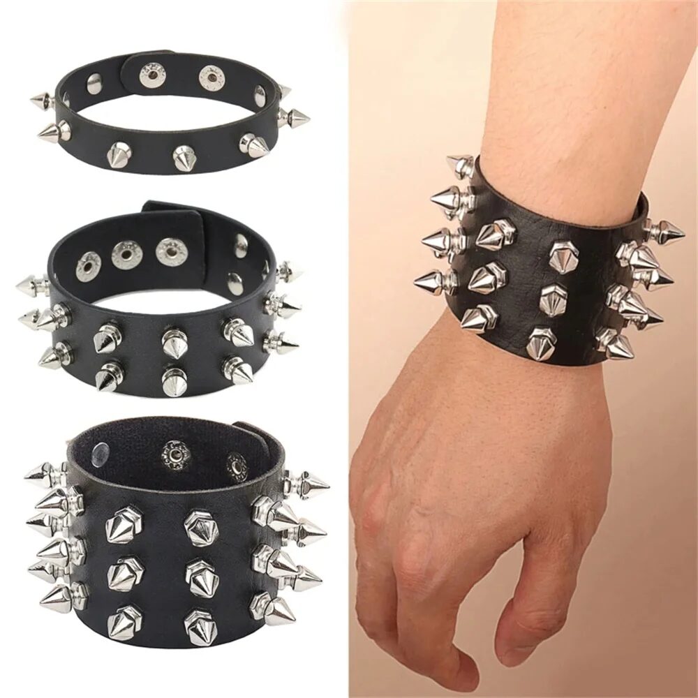 2024 Pu Leather Studded Bracelet Choker Punk Spike Rivets Cuff Black Wristband Adjustable Cuff Bangle 1