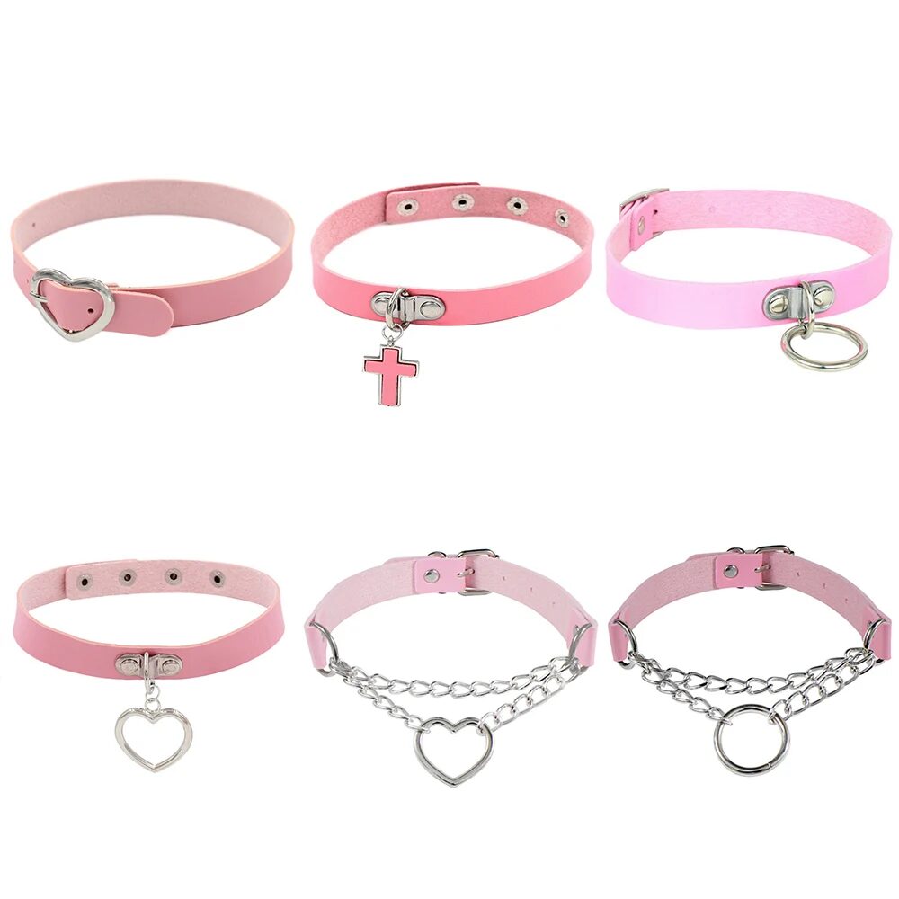 2025 fashion Pink Heart Lock Rivet Choker Necklace PU Leather Punk Rock Collar Bondage Choker Gothic Jewelry Party Necklaces 1