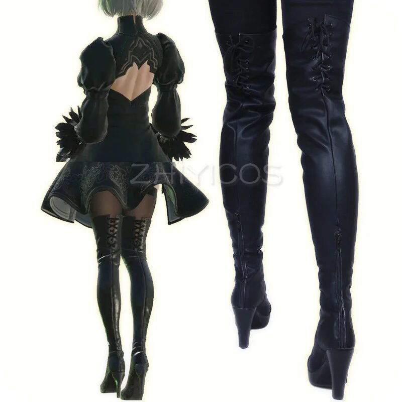 New Game Nier Automata Cosplay Shoes YoRHa 2B Knee Length PU Leather Cosplay Boots Black High Heels Lace-up Size 35-47 1