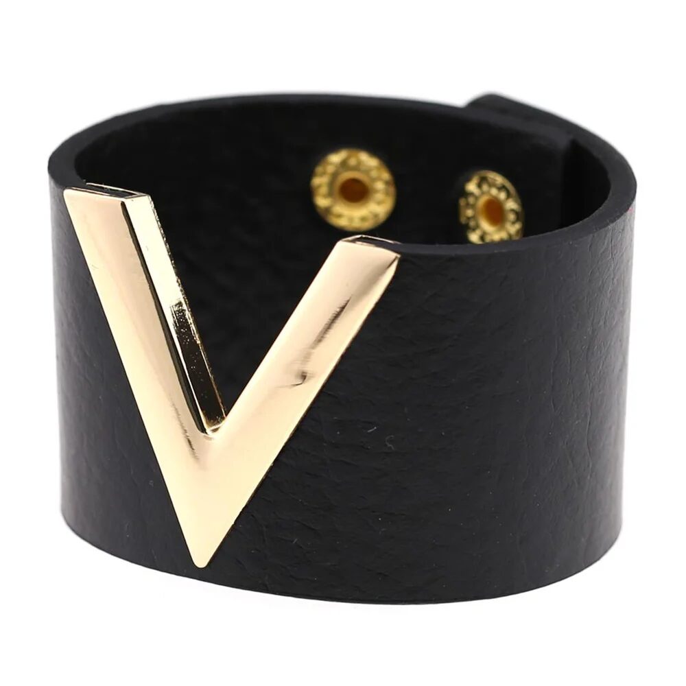 2024 80s Black Wide V Shape PU Leather Bracelets Cuff Punk For Women Men Metal Wristbands Cosplay Jewelry 1