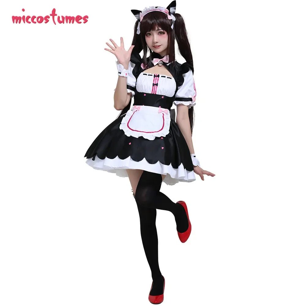 Women's Nekopara Chocola Cosplay Costume Maid Dress with Apron Petticoat Cat Ears Tail 1