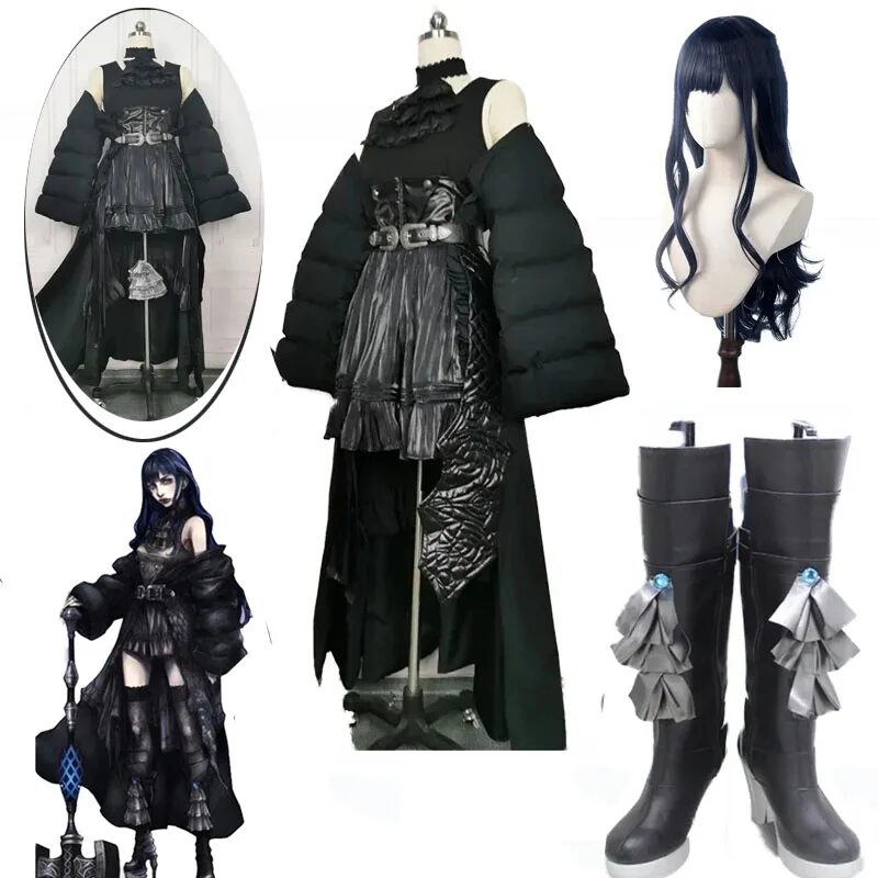 Game Final Fantasy XIV FF14 Gaia Cosplay Costume Dark Psychic Black Combat Uniform Women Men Halloween Role Play Wig Shoes Prop 1