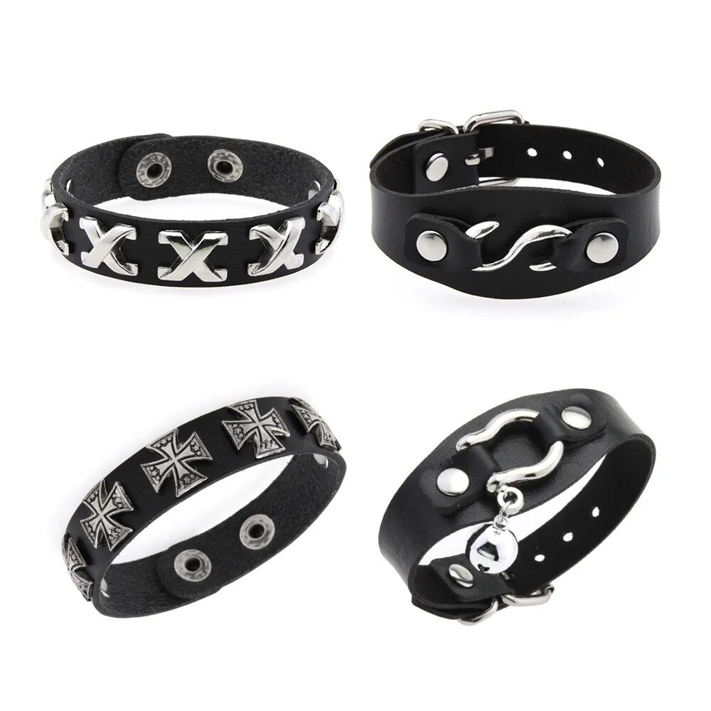 2024 Fashion Gothic Punk Hip Hop Rock Spike Rivet Cross Bell Stud PU Leather Wristband Cuff Bracelet Bangle 1