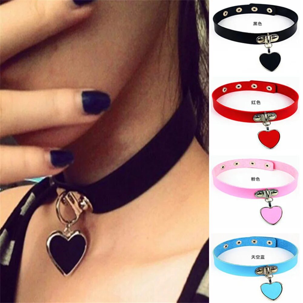 2024 Fashion Punk Gothic Pu Leather Choker Necklace Goth Heart Studded Choker Necklaces Women Cosplay Jewelry 1