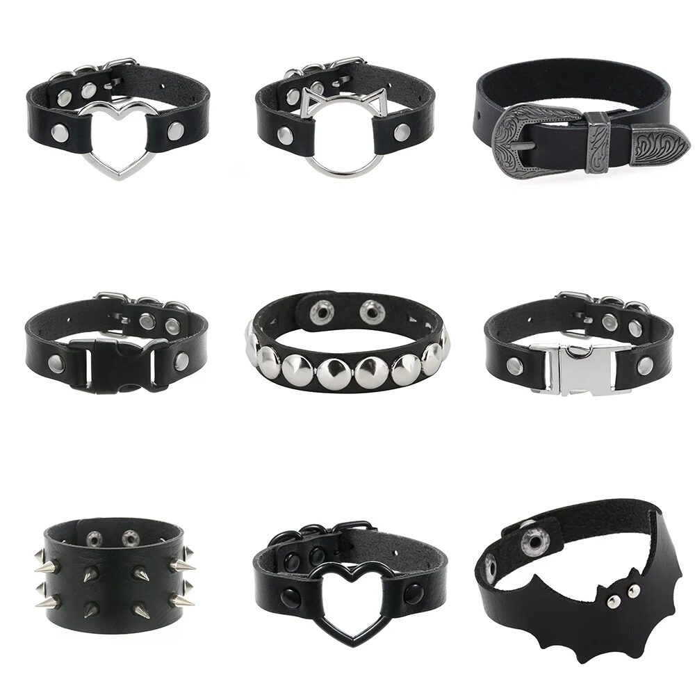 Heart Cat Bat Rock Gothic PU Leather Wrap Bracelet Bangle For Women Men Punk Fashion Hip Hop Harajuku Cat Heart Charm Bracelet 1