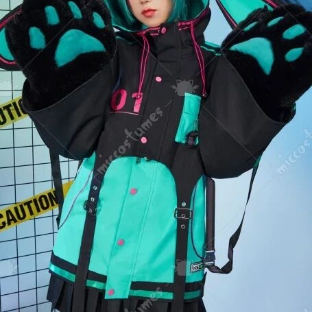 Miccostumes Black Green Pullover Hoodie Jacket and Detachable Skirt Set Motorcycle Suit Style Clubwear with Furry Cat Paw Bag 1