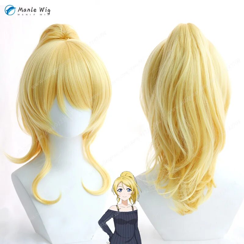 Anime  Ellie Cosplay Wig Golden Wigs With Ponytail Eli Ayase Cos Wigs Heat Resistant Synthetic Hair + Wig Cap 1
