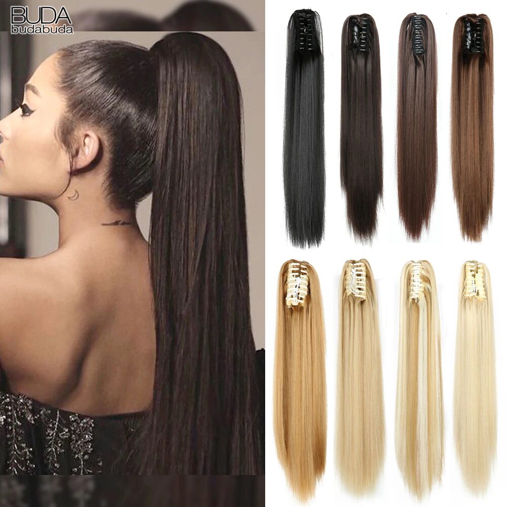 Budabuda 24Inch Long Straight Ponytail Hair Extensions For Women Synthetic Claw On Ponytail Hairpiece Black Blonde Brown 1