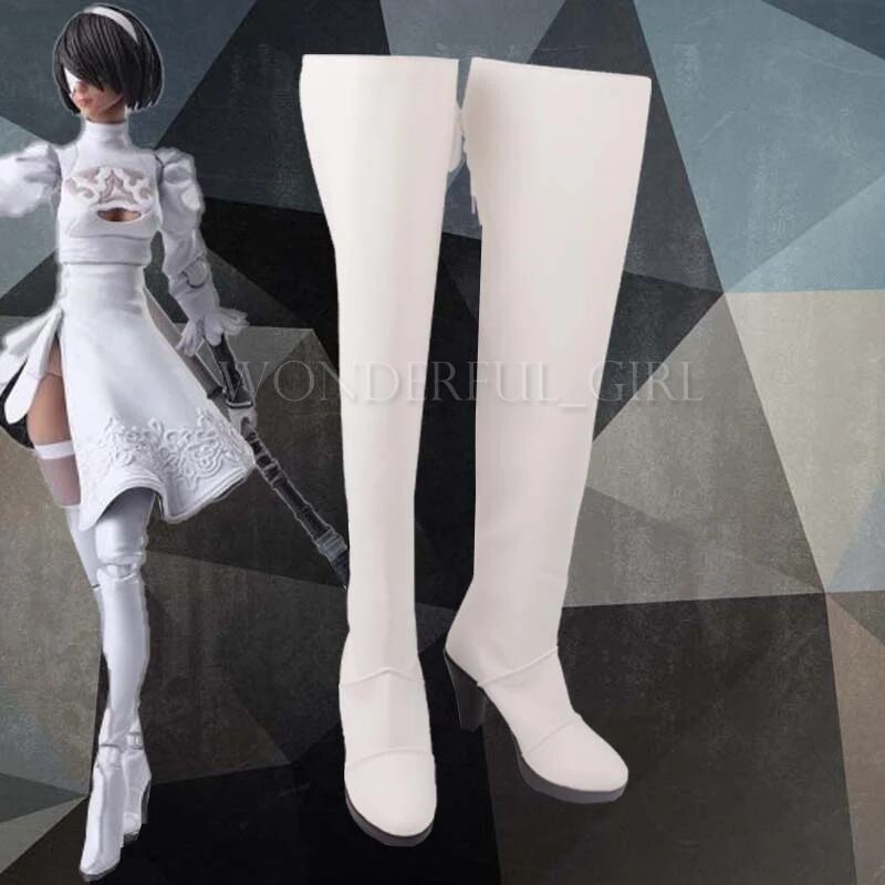 New Game Nier Automata Cosplay Shoes YoRHa 2B Knee Length PU Leather Cosplay Boots White High Heels Lace-up Size 35-47 1