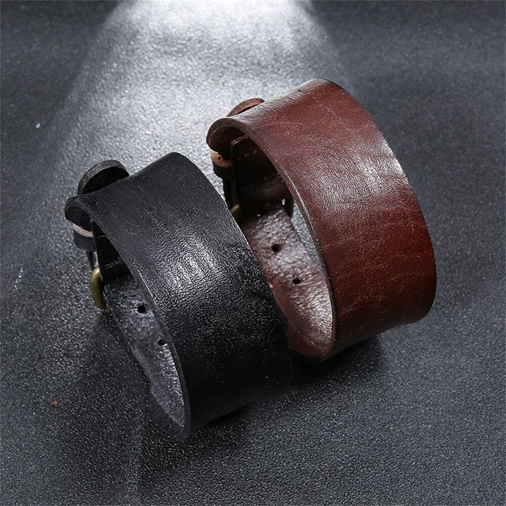 2024 Vintage Single Layer Brown Leather Wide Wristband Adjustable Cuff Bangles for Men Women Friendship Bracelets 1
