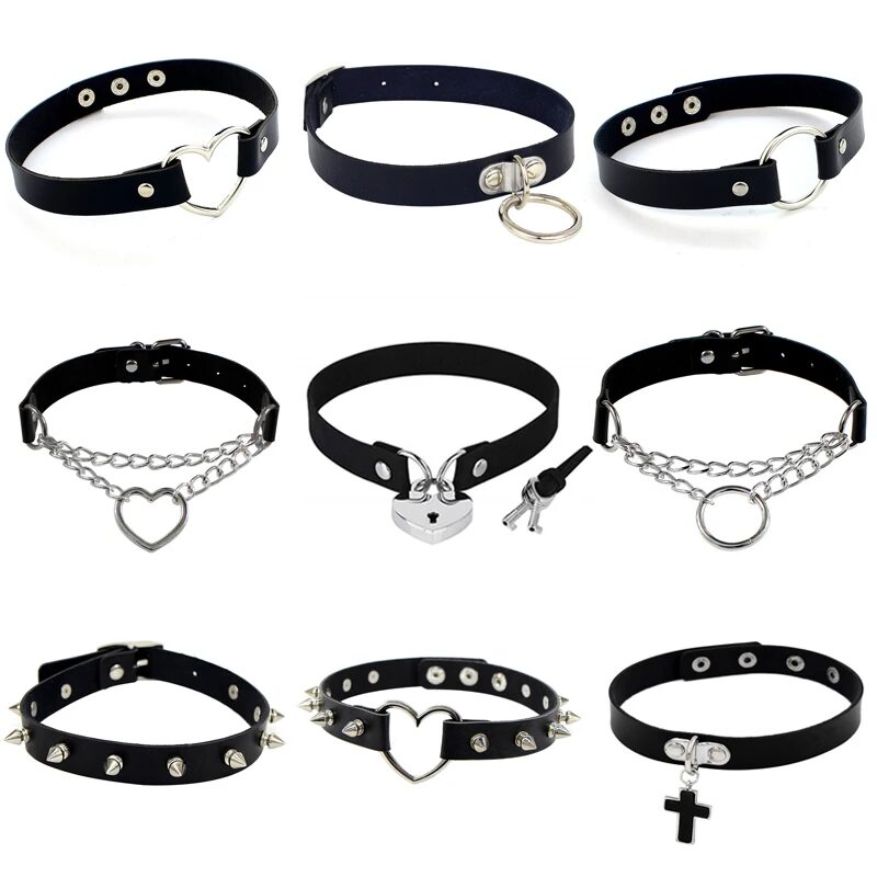 2023 Punk PU Leather Lock Key Heart Round Spike Rivet Collar Studded Choker Necklace Body Birthday Party Gift chocker Jewelry 1