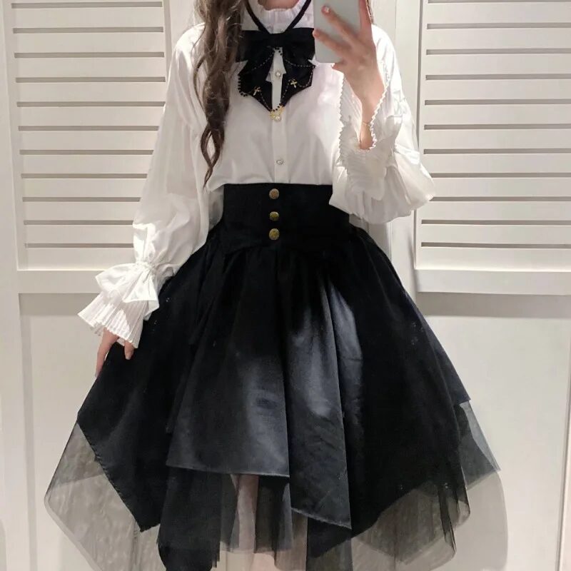 2025 Japanese and Korean Lolita Gothic Shirt Skirts Vintage Kawaii Irregular Cosplay Costumes Girdling Skirt Street Goddess Suit 1