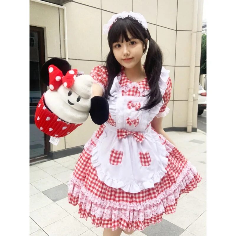 Color Cosplayer Anime Red Grid Dress Maid Cosplay Costume Kawaii Lolita Dress Comic-Con Outfit Carnival Coffee Servant Dress Up 1