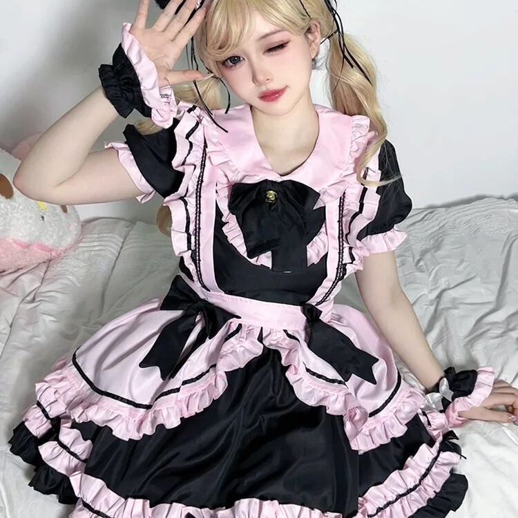 New Anime Gothic Lolita JSK Dress Short Sleeve Kawaii Bow Maid Party Dresses Cosplay Cats Girl Harajuku Cute Pink Ruffles Black 1