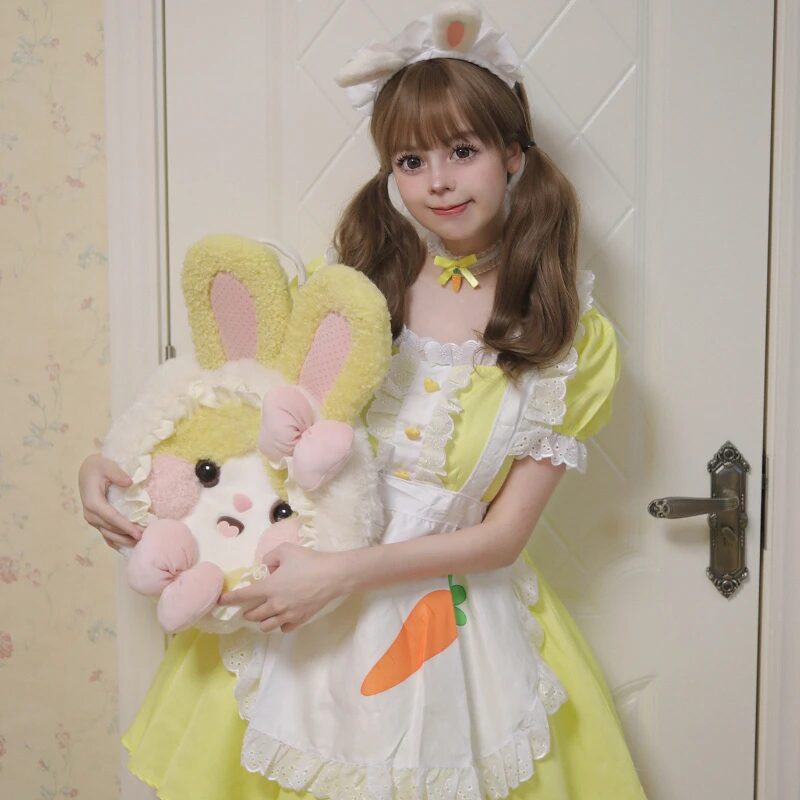 New Cosplay Yellow Color Maid Dress with Apron Coffee Servant Dress Up Square Neck Anime Lolita Cosplay Costume Women Uniform 1